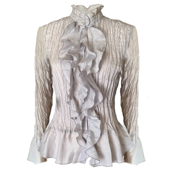 ALLISON TAYLOR • Grey Silver Crinkle Silk Ruffle Blouse - Picture 1 of 6